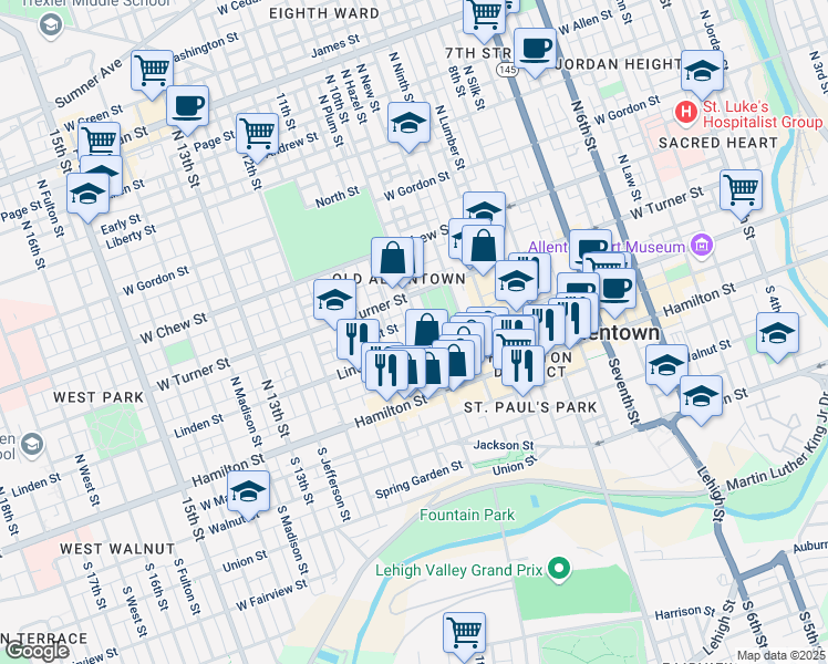 map of restaurants, bars, coffee shops, grocery stores, and more near 112 North 10th Street in Allentown