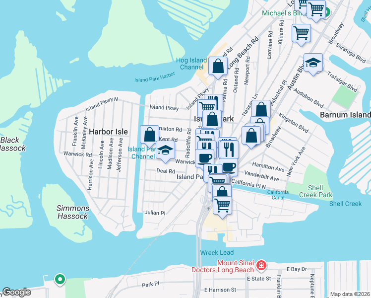 map of restaurants, bars, coffee shops, grocery stores, and more near 131 Radcliffe Road in Island Park