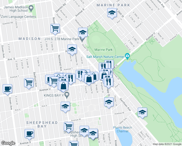 map of restaurants, bars, coffee shops, grocery stores, and more near 2054 Bragg Street in Brooklyn