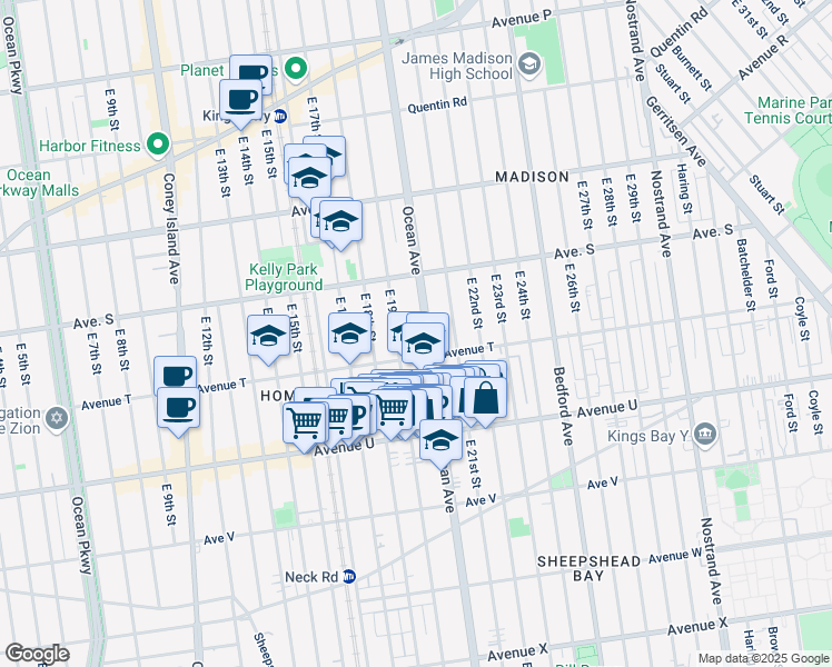 map of restaurants, bars, coffee shops, grocery stores, and more near 1979 East 19th Street in Brooklyn