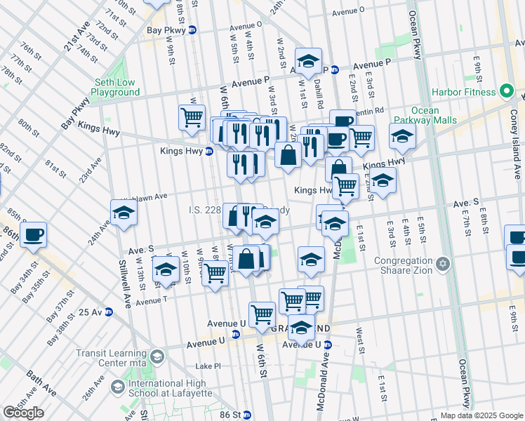 map of restaurants, bars, coffee shops, grocery stores, and more near 1868 West 4th Street in Brooklyn