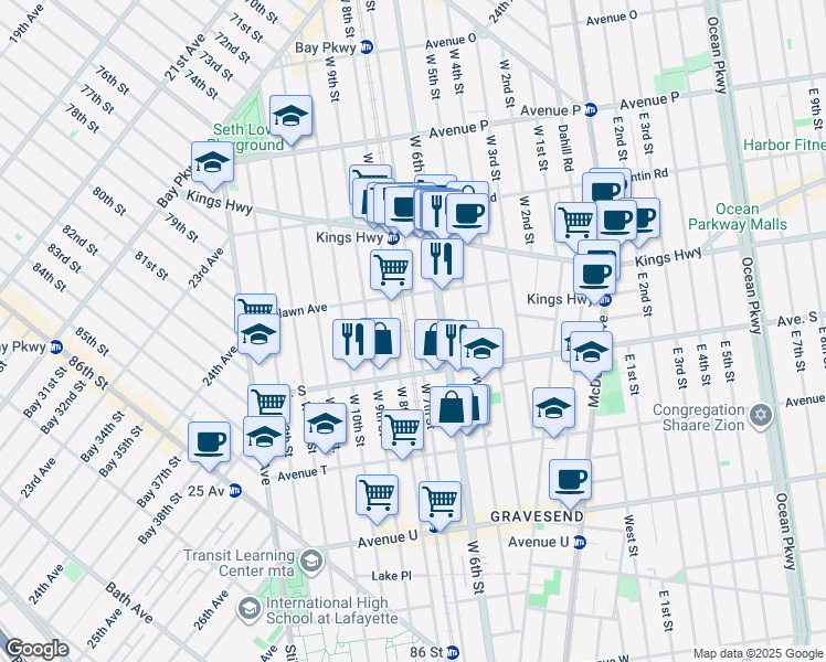 map of restaurants, bars, coffee shops, grocery stores, and more near 1856 West 7th Street in Brooklyn