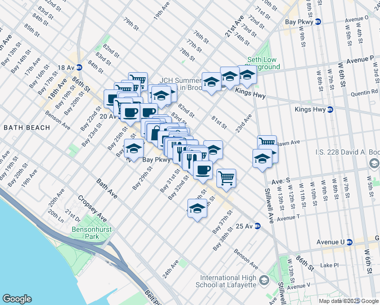 map of restaurants, bars, coffee shops, grocery stores, and more near 2235 85th Street in Brooklyn
