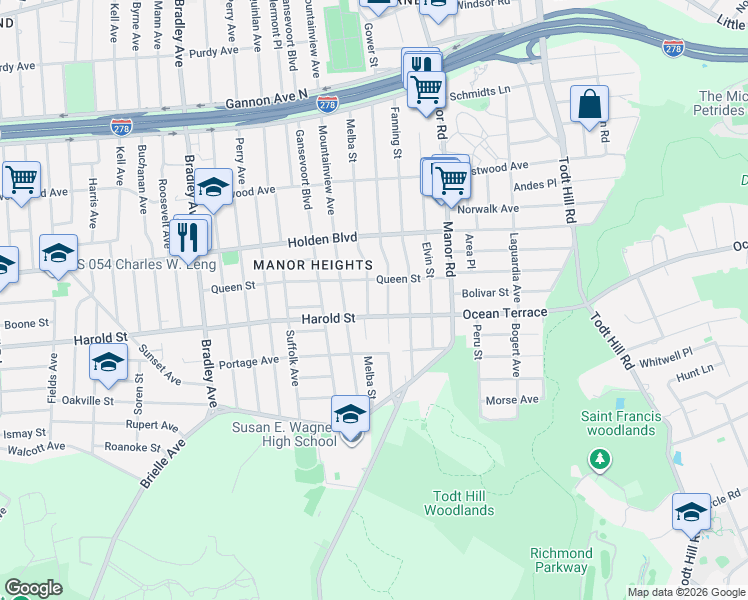 map of restaurants, bars, coffee shops, grocery stores, and more near 111 Harold Street in Staten Island