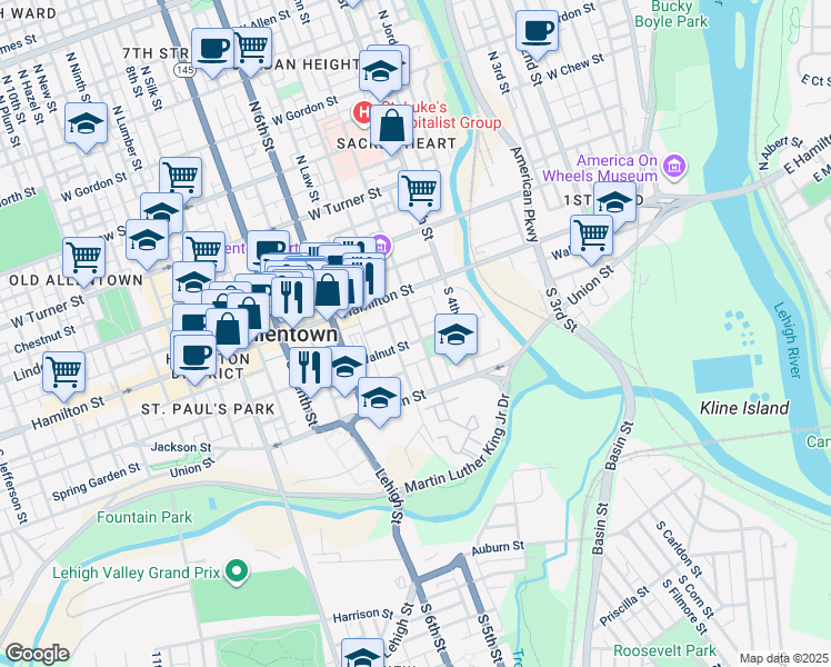 map of restaurants, bars, coffee shops, grocery stores, and more near 444 Walnut Street in Allentown