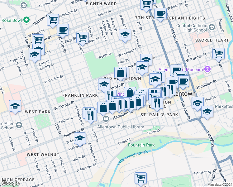 map of restaurants, bars, coffee shops, grocery stores, and more near in Allentown