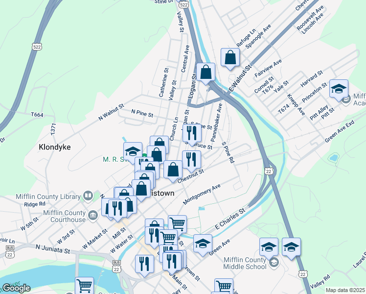 map of restaurants, bars, coffee shops, grocery stores, and more near 84 Logan Street in Lewistown