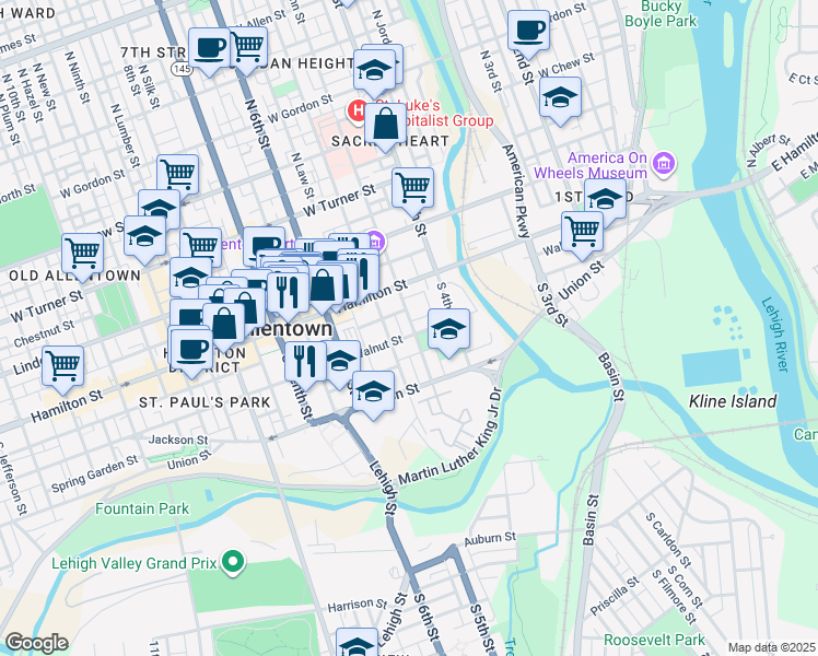 map of restaurants, bars, coffee shops, grocery stores, and more near 444 Walnut Street in Allentown