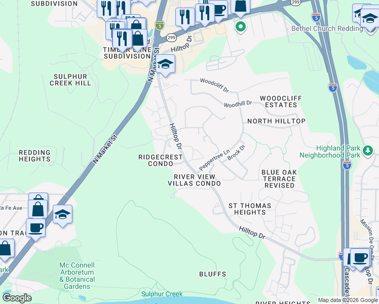 map of restaurants, bars, coffee shops, grocery stores, and more near 275 Hilltop Drive in Redding