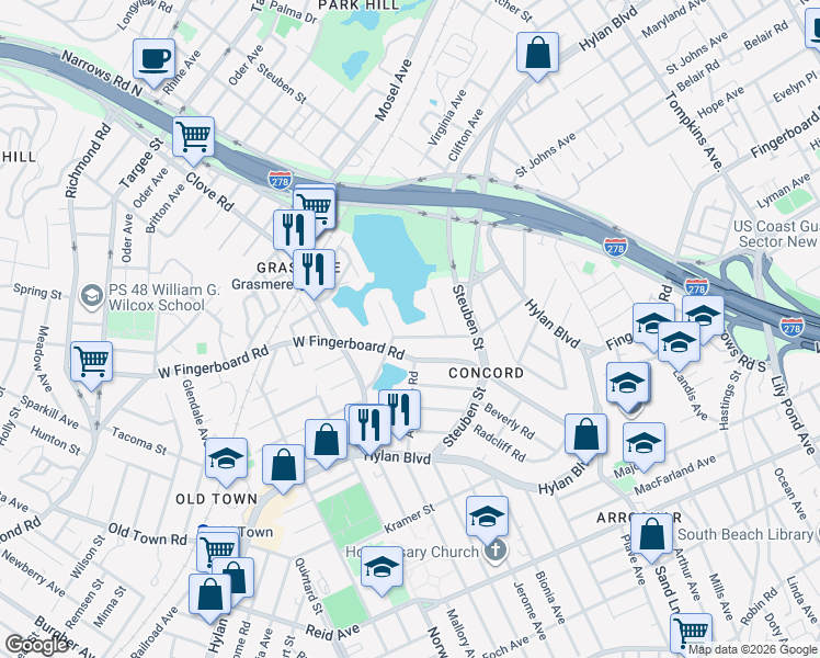 map of restaurants, bars, coffee shops, grocery stores, and more near 120 Windermere Road in Staten Island