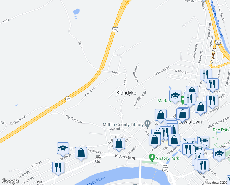 map of restaurants, bars, coffee shops, grocery stores, and more near 39 Snook Avenue in Lewistown