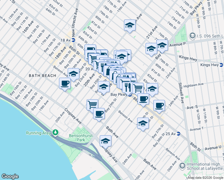 map of restaurants, bars, coffee shops, grocery stores, and more near 48 Bay 28th Street in Brooklyn