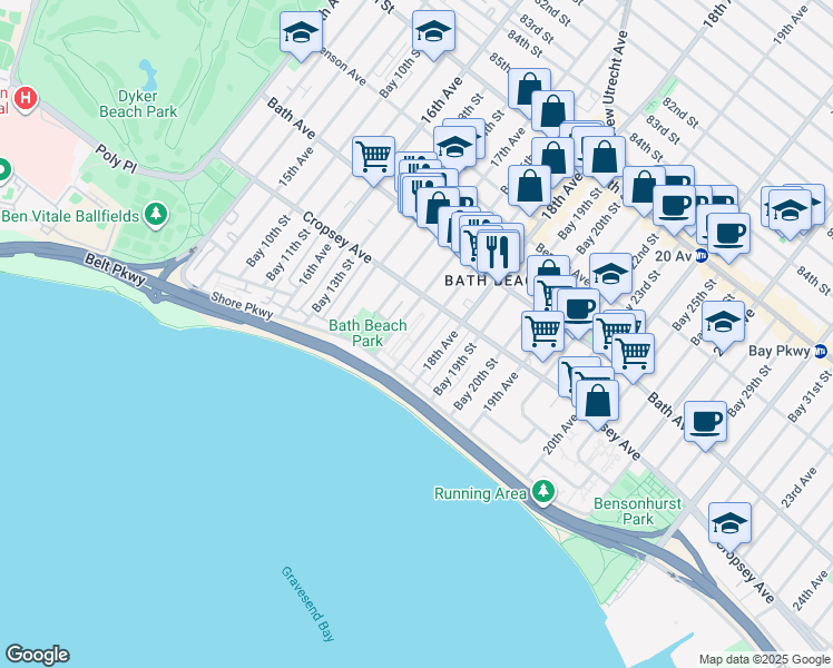 map of restaurants, bars, coffee shops, grocery stores, and more near 8872 18th Avenue in Brooklyn