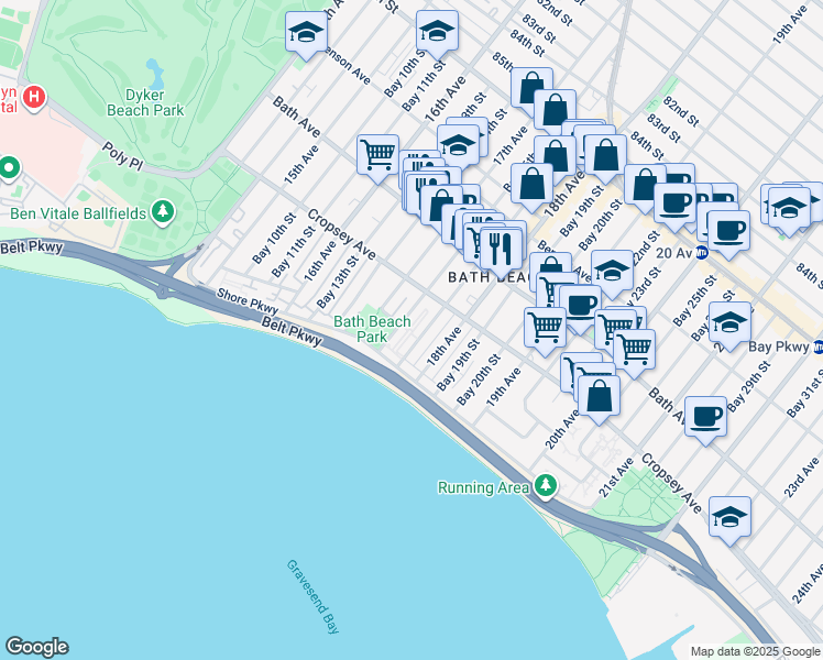 map of restaurants, bars, coffee shops, grocery stores, and more near 8909 Bay 16th Street in Brooklyn