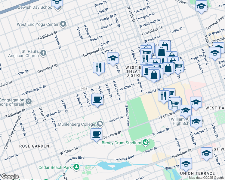 map of restaurants, bars, coffee shops, grocery stores, and more near 2141 West Allen Street in Allentown