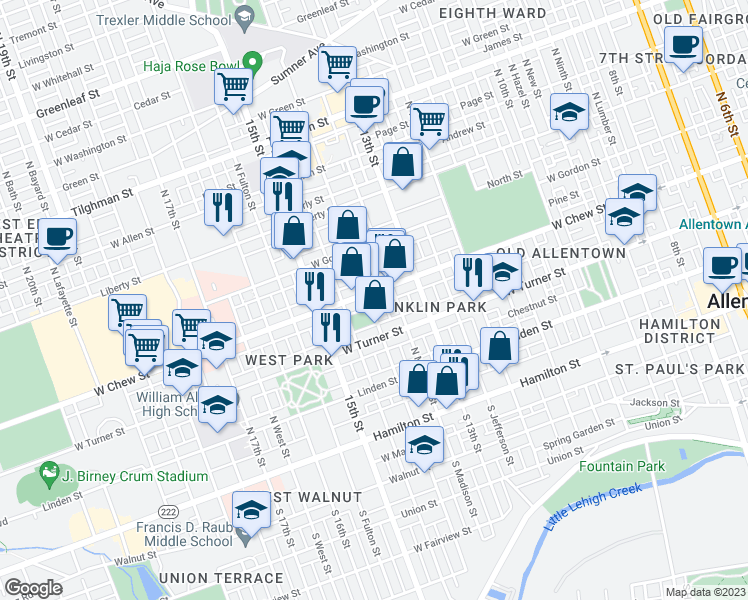 map of restaurants, bars, coffee shops, grocery stores, and more near 1354 West Chew Street in Allentown