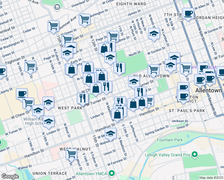 map of restaurants, bars, coffee shops, grocery stores, and more near 217 North 13th Street in Allentown