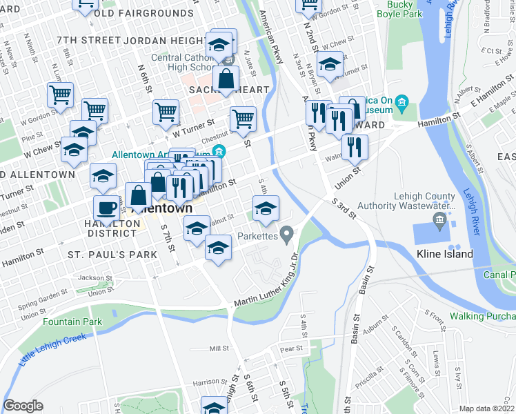 map of restaurants, bars, coffee shops, grocery stores, and more near West Walnut Street in Allentown