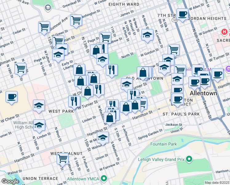 map of restaurants, bars, coffee shops, grocery stores, and more near 1215 West Turner Street in Allentown