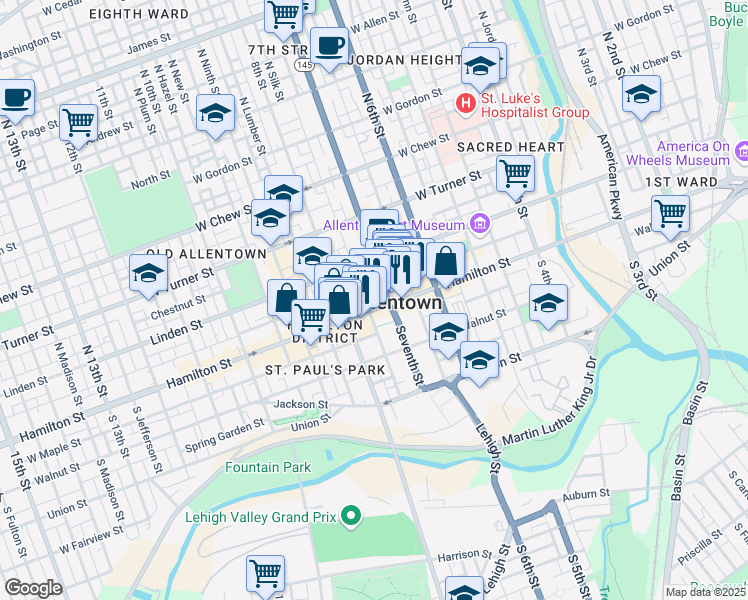 map of restaurants, bars, coffee shops, grocery stores, and more near in Allentown