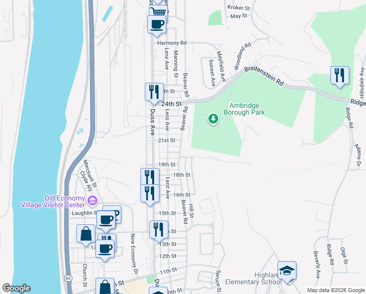 map of restaurants, bars, coffee shops, grocery stores, and more near 923 Hazel Avenue in Ambridge