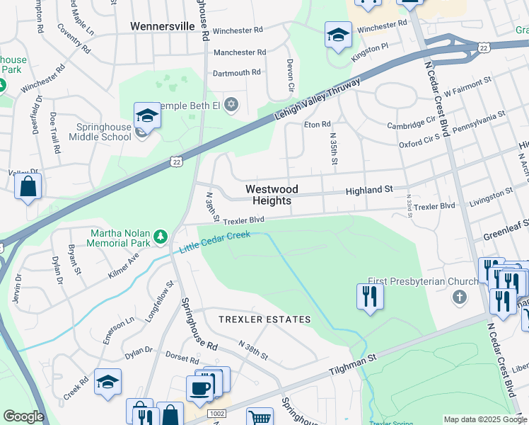 map of restaurants, bars, coffee shops, grocery stores, and more near 3645 Trexler Boulevard in Allentown