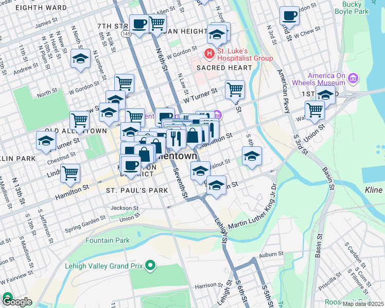 map of restaurants, bars, coffee shops, grocery stores, and more near 600 Hamilton Street in Allentown