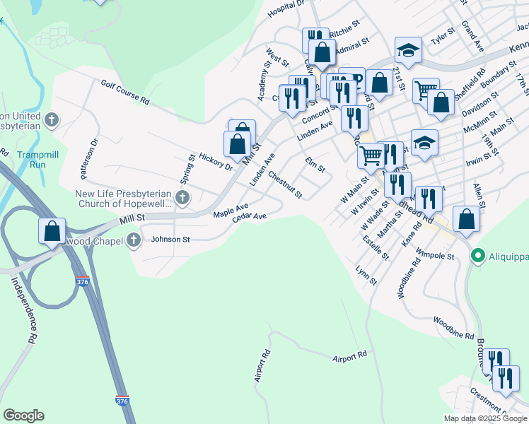map of restaurants, bars, coffee shops, grocery stores, and more near 31 Cedar Avenue in Aliquippa