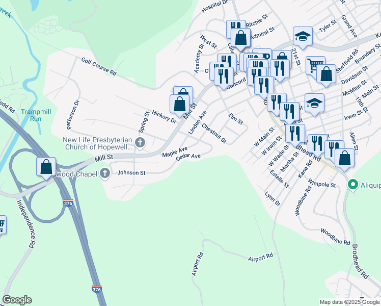map of restaurants, bars, coffee shops, grocery stores, and more near 34 Cedar Avenue in Aliquippa