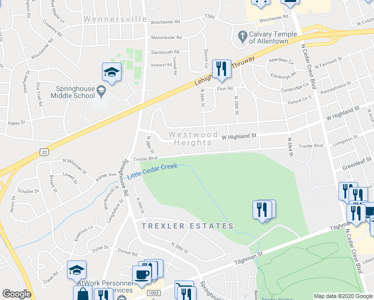 map of restaurants, bars, coffee shops, grocery stores, and more near 3645 Trexler Boulevard in Allentown