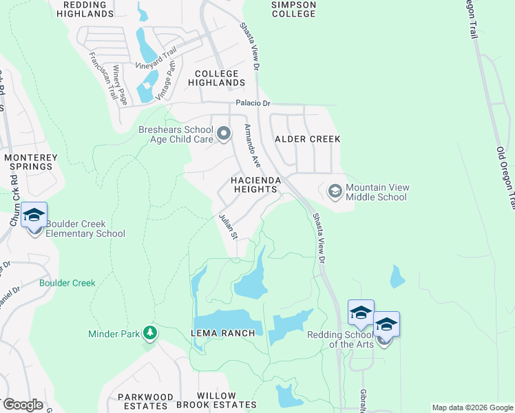 map of restaurants, bars, coffee shops, grocery stores, and more near 2157 Hemingway Street in Redding