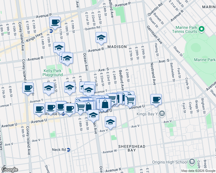 map of restaurants, bars, coffee shops, grocery stores, and more near 2016 East 22nd Street in Brooklyn