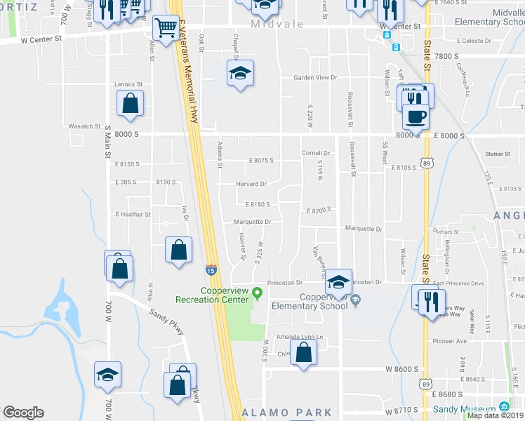 map of restaurants, bars, coffee shops, grocery stores, and more near 372 Marquette Drive in Midvale