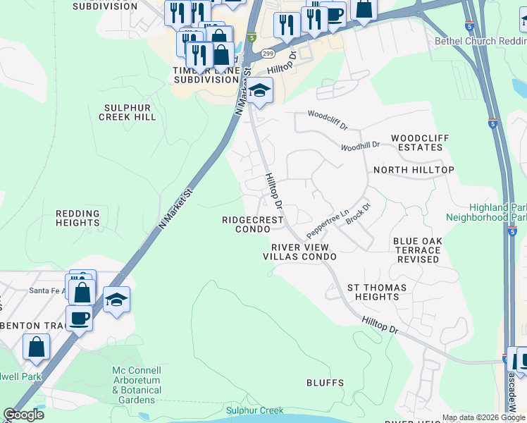 map of restaurants, bars, coffee shops, grocery stores, and more near 488 Ridgetop Drive in Redding