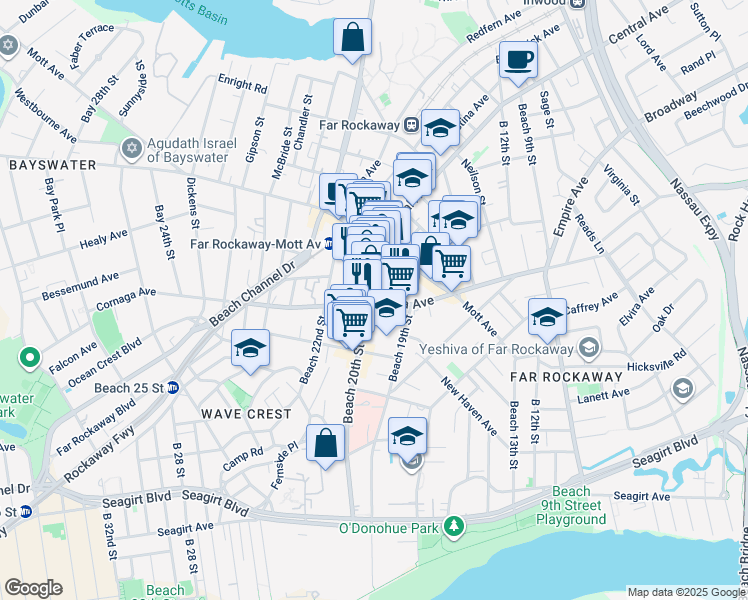 map of restaurants, bars, coffee shops, grocery stores, and more near 711A Beach 20th Street in Queens