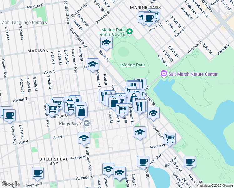 map of restaurants, bars, coffee shops, grocery stores, and more near 2054 Bragg Street in Brooklyn