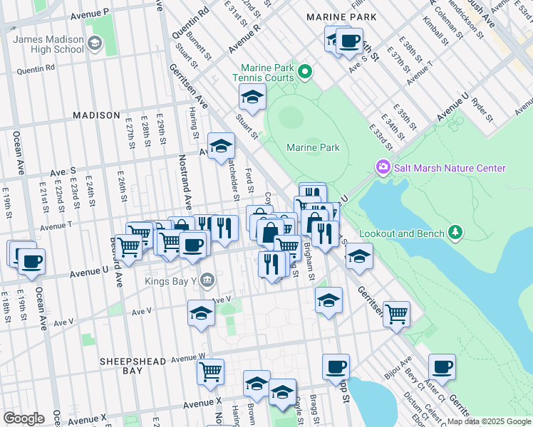 map of restaurants, bars, coffee shops, grocery stores, and more near 2043 Ford Street in Brooklyn
