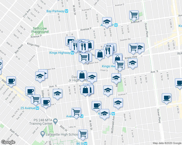 map of restaurants, bars, coffee shops, grocery stores, and more near 1868 West 4th Street in Brooklyn