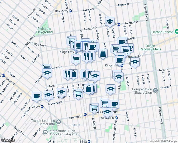 map of restaurants, bars, coffee shops, grocery stores, and more near 1863 West 6th Street in Brooklyn
