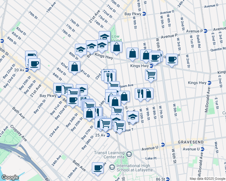 map of restaurants, bars, coffee shops, grocery stores, and more near 1825 Stillwell Avenue in Brooklyn