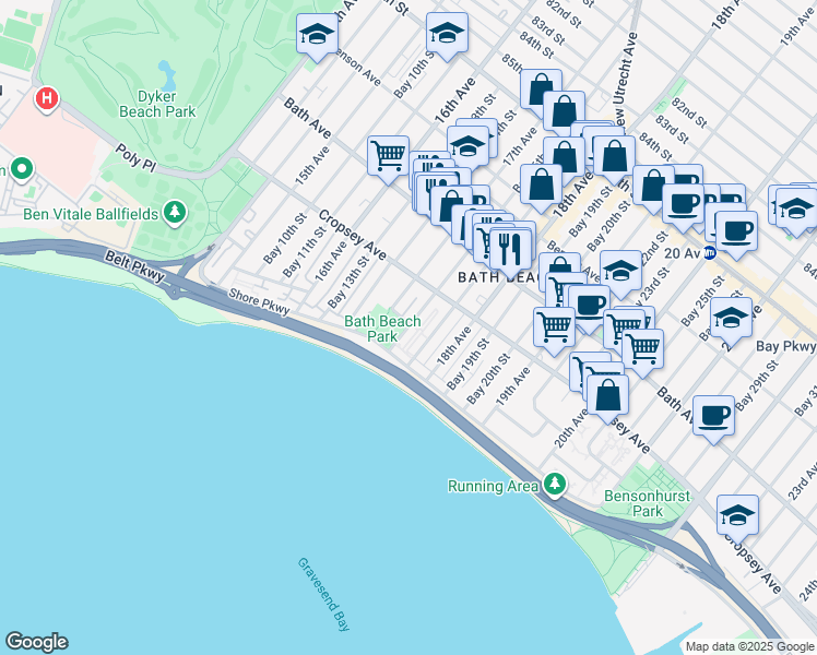 map of restaurants, bars, coffee shops, grocery stores, and more near 8909 Bay 16th Street in Brooklyn