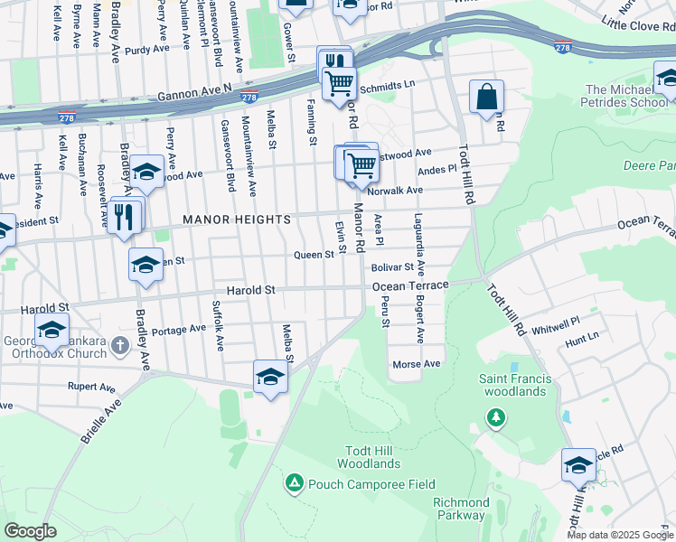map of restaurants, bars, coffee shops, grocery stores, and more near 77 Harold Street in Staten Island