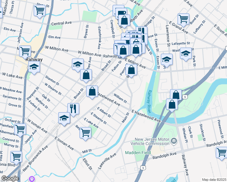 map of restaurants, bars, coffee shops, grocery stores, and more near 202 William Street in Rahway