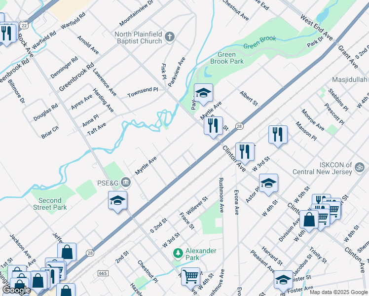 map of restaurants, bars, coffee shops, grocery stores, and more near 1411-13 Bradford Street in Plainfield