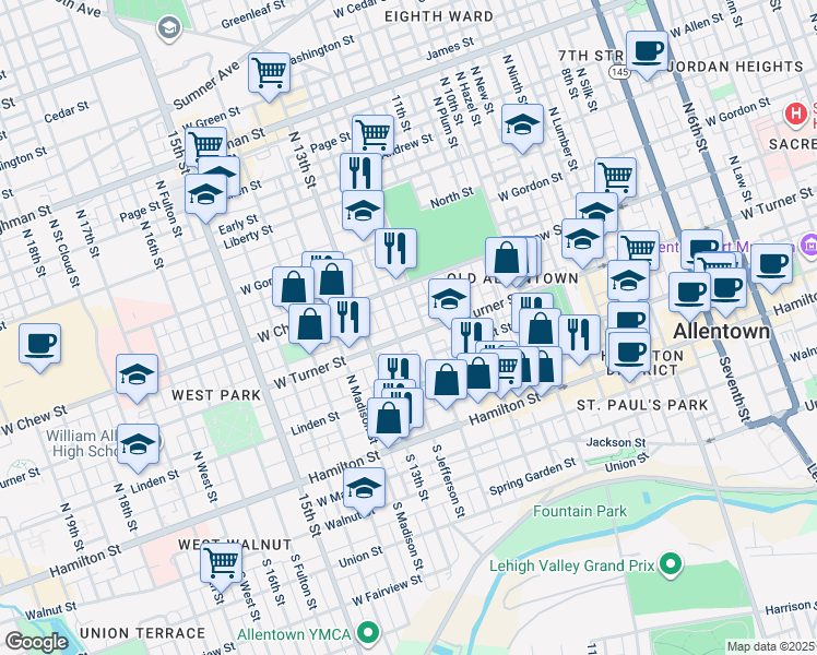 map of restaurants, bars, coffee shops, grocery stores, and more near 148 North 12th Street in Allentown