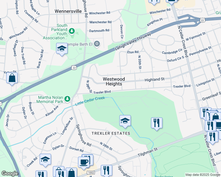 map of restaurants, bars, coffee shops, grocery stores, and more near 3645 Trexler Boulevard in Allentown