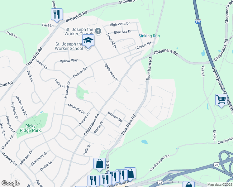 map of restaurants, bars, coffee shops, grocery stores, and more near 5410 Chapmans Road in Lehigh County