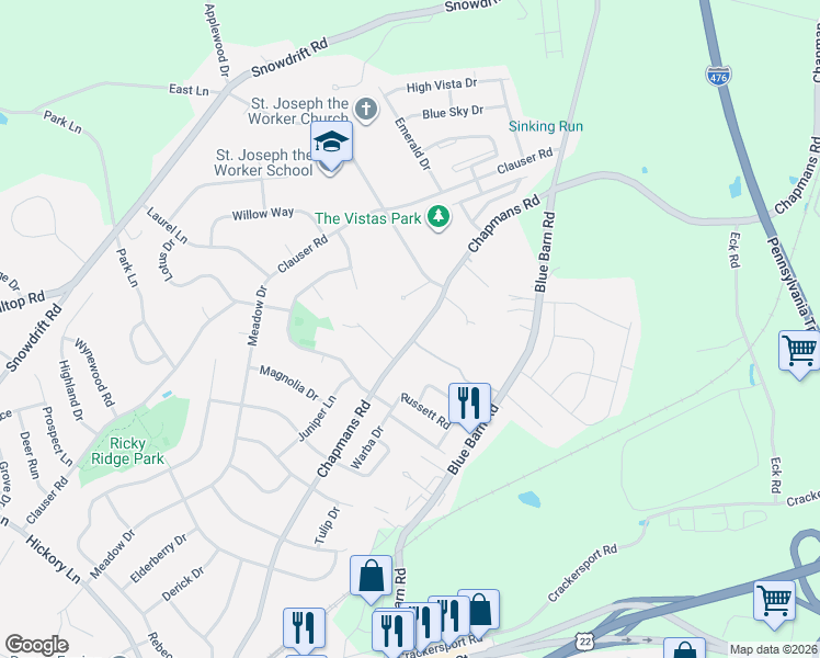 map of restaurants, bars, coffee shops, grocery stores, and more near 5410 Chapmans Road in Lehigh County
