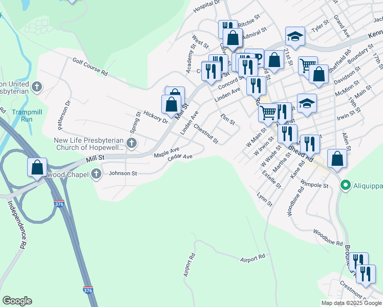 map of restaurants, bars, coffee shops, grocery stores, and more near 13 Cedar Avenue in Aliquippa