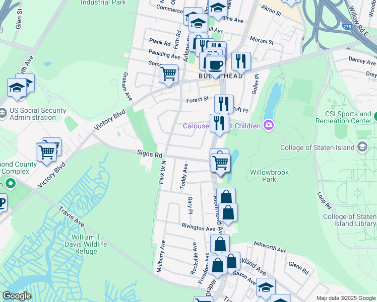 map of restaurants, bars, coffee shops, grocery stores, and more near 29 Signs Road in Staten Island